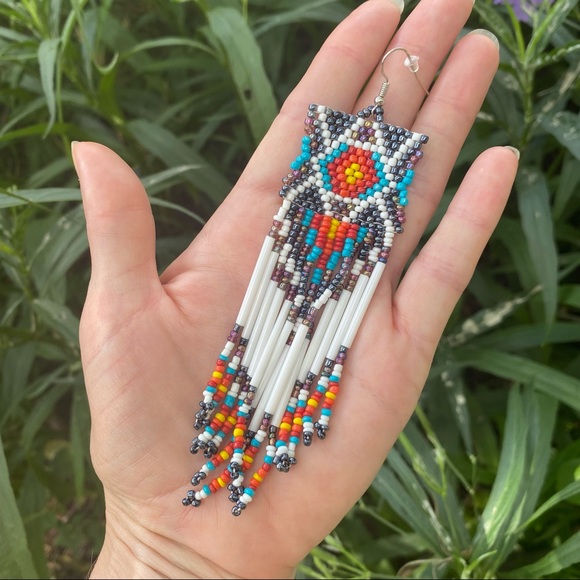 White Free People Beaded Southwestern Earrings - Picture 2 of 5